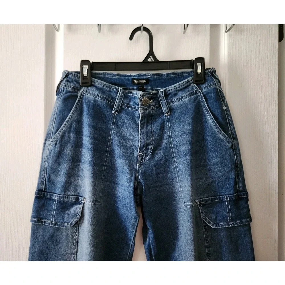 TRUE RELIGION Womens Cargo Straight Leg Blue Jeans Pants Pockets Stretch Size 27